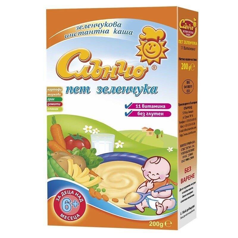 СЛЪНЧО КАША 6 МЕСЕЦА МЛЕЧНА С 5 ЗЕЛЕНЧУКА + 11 ВИТАМИНА 200г.