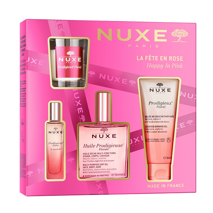 NUXE HUILE PRODIGIEUX FLORALE (ПАРФЮМ, СУХО ОЛИО, ДУШ-ГЕЛ И АРОМАТНА СВЕЩ) ПРОМО