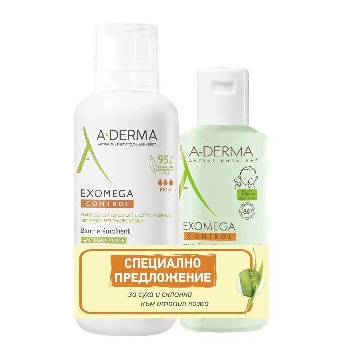 A-DERMA EXOMEGA ЕМОЛИЕНТЕН БАЛСАМ 400 МЛ + ПОЧИСТВАЩ ГЕЛ 2 В 1 200 МЛ ПРОМО