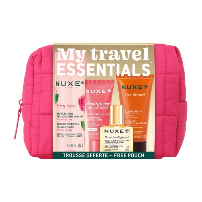 NUXE КОМПЛЕКТ ЗА ПЪТУВАНЕ "MY TRAVEL ESSENTIALS" 2024 ( ПОЧИСТВАЩ ГЕЛ 30 МЛ. + МИЦЕЛАРНА ВОДА 50 МЛ. + ХИДРАТИРАЩ ГЕЛ-КРЕМ ЗА ЛИЦЕ 15 МЛ. + СУХО МАСЛО 10 МЛ. + НЕСЕСЕР) ПРОМО