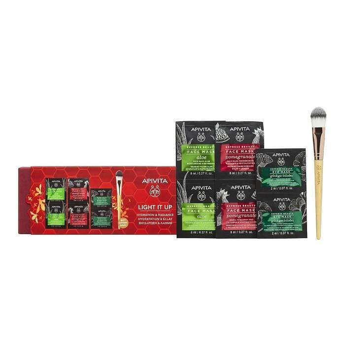 APIVITA LIGHT IT UP - EXPRESS BEAUTY МАСКА ЗА ЛИЦЕ С АЛОЕ 2 Х 8МЛ + МАСКА ЗА ЛИЦЕ С НАР 2 Х 8МЛ + МАСКА ЗА ОКОЛООЧЕН КОНТУР 2 Х 2МЛ + ПОДАРЪК ЧЕТКА ЗА НАНАСЯНЕ НА МАСКА!