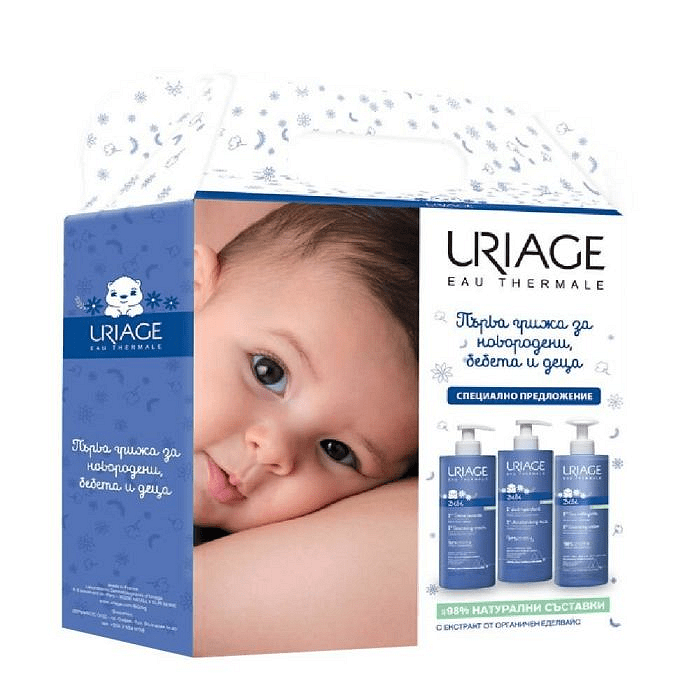 URIAGE BABY КОМПЛЕКТ "ПЪРВА ГРИЖА" - ДУШ-КРЕМ 500МЛ + ХИДРАТИРАЩО МЛЯКО 500МЛ + ПОЧИСТВАЩА ВОДА 500МЛ ПРОМО