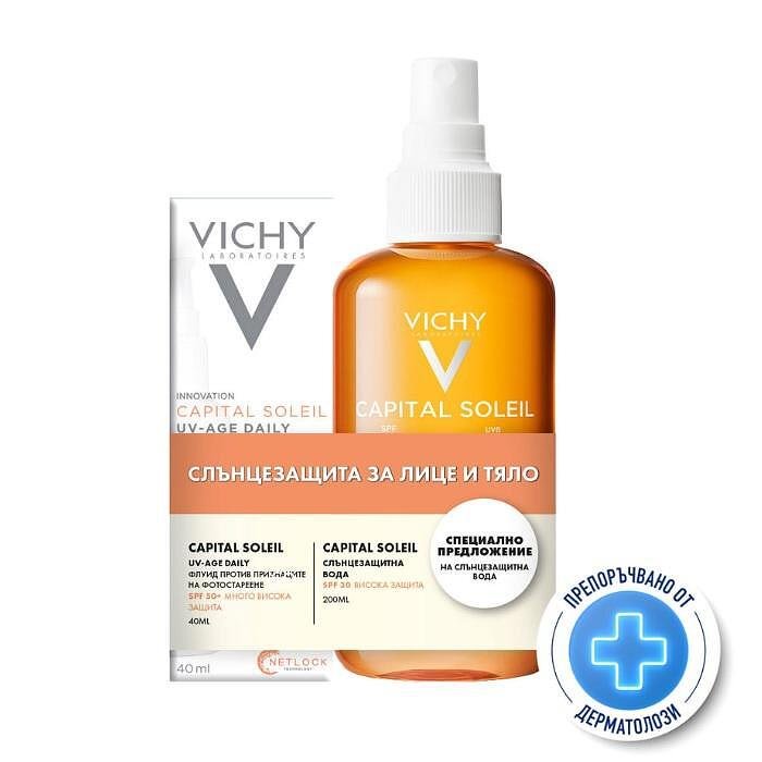 VICHY CAPITAL SOLEIL SPF50+ UV-AGE ФЛУИД 40МЛ + ВОДА SPF30 ЗА ПОДОБРЯВАНЕ НА ТЕНА 200МЛ ПРОМО