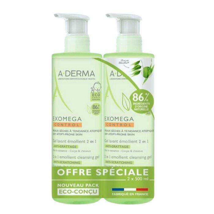A-DERMA EXOMEGA 2 В 1 ЕМОЛИЕНТЕН ПОЧИТВАЩ ГЕЛ 2 Х 500 МЛ ПРОМО