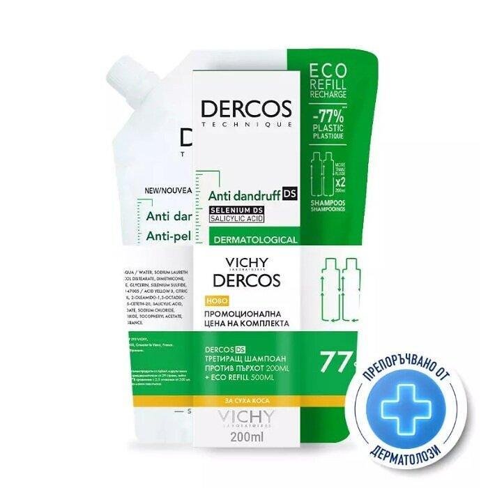 VICHY DERCOS ШАМПОАН ПРОТИВ ПЪРХОТ ЗА СУХ СКАЛП 200МЛ + ШАМПОАН-ПЪЛНИТЕЛ 500МЛ ПРОМО