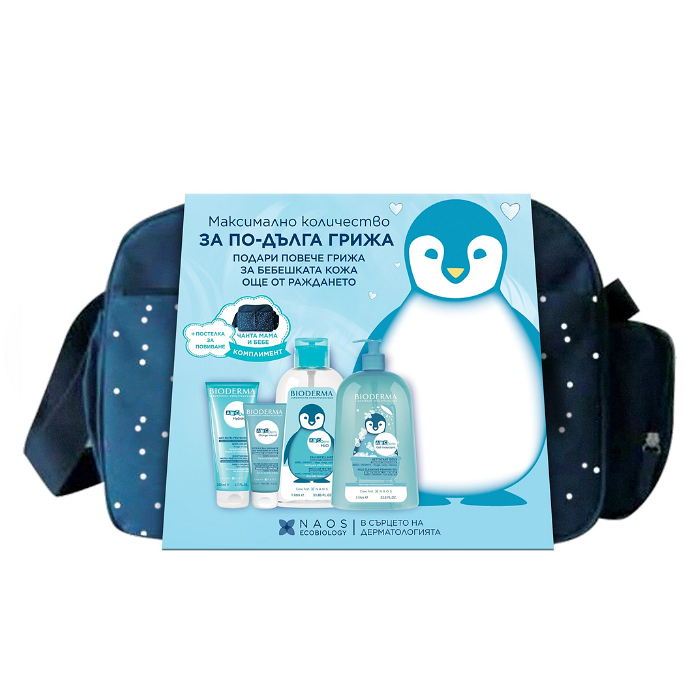BIODERMA ABC DERM ЧАНТА (МИЦЕЛАРНА ВОДА 1Л + ПОЧИСТВАЩ ГЕЛ 1Л + ХИДРАТИРАЩО МЛЯКО 200МЛ + КРЕМ ПРОТИВ ПОДСИЧАНЕ 75МЛ) ПРОМО