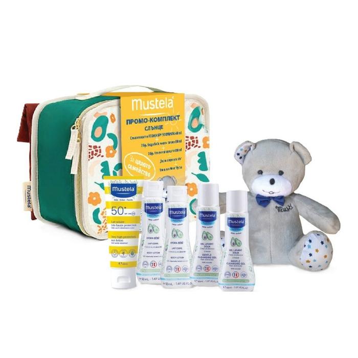 MUSTELA SUN СЛЪНЦЕЗАЩИТЕН ЛОСИОН SPF50+ 40МЛ + МЕЧЕ МУСТИ + 4 МИНИ ПРОДУКТА + НЕСЕСЕР ПРОМО!
