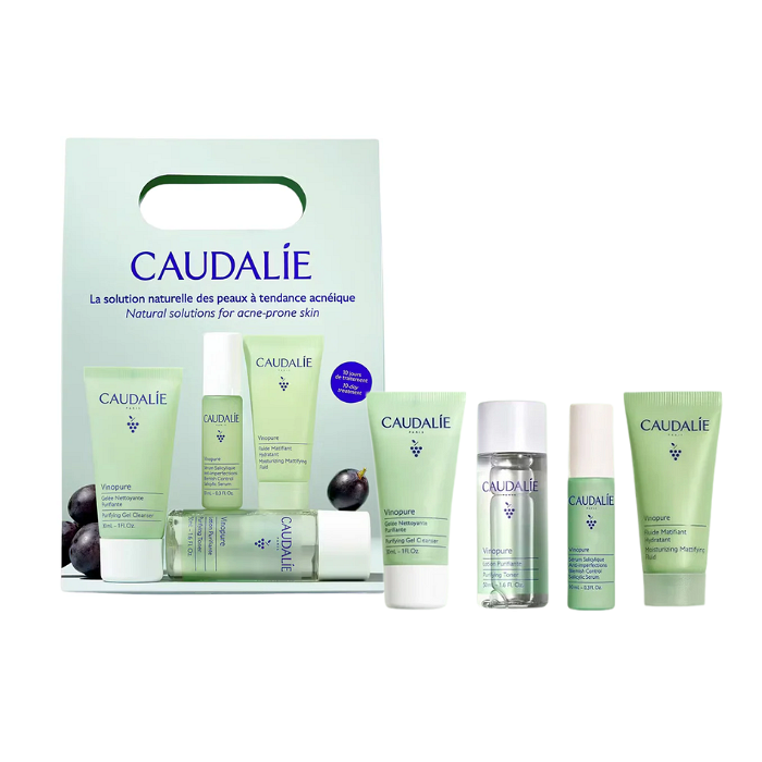 CAUDALIE VINOPURE ИЗМИВАЩ ГЕЛ 30МЛ + ПРОЧИСТВАЩ ТОНИК 50 МЛ + СЕРУМ ПРОТИВ НЕСЪВЪРШЕНСТВА 10 МЛ + МАТИРАЩ ФЛУИД 15 МЛ ПРОМО
