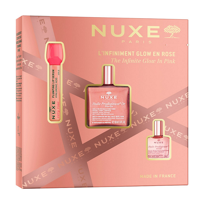 NUXE HUILE PRODIGIEUSE FLORALE (СУХО МАСЛО С ПЕРЛЕНИ ЧАСТИЦИ 50МЛ + СУХО МАСЛО 10МЛ + УПЛЪТНЯВАЩ СЕРУМ ЗА УСТНИ 8МЛ) ПРОМО