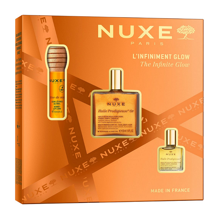 NUXE HUILE PRODIGIEUSE OR (СУХО МАСЛО СЪС ЗЛАТНИ ЧАСТИЦИ 50МЛ + СУХО МАСЛО 10МЛ + МЕДЕНА ГРИЖА ЗА УСТНИ 10МЛ) ПРОМО