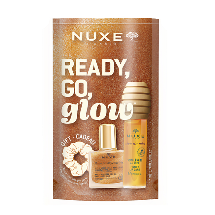 NUXE GLOW ON THE GO HONEY МЕДЕНА ГРИЖА ЗА УСТНИ 10 МЛ + HUILE PRODIGIEUSE OR СУХО МАСЛО СЪС ЗЛАТНИ ЧАСТИЦИ 10 МЛ + ПОДАРЪК СКРЪНЧИ ПРОМО