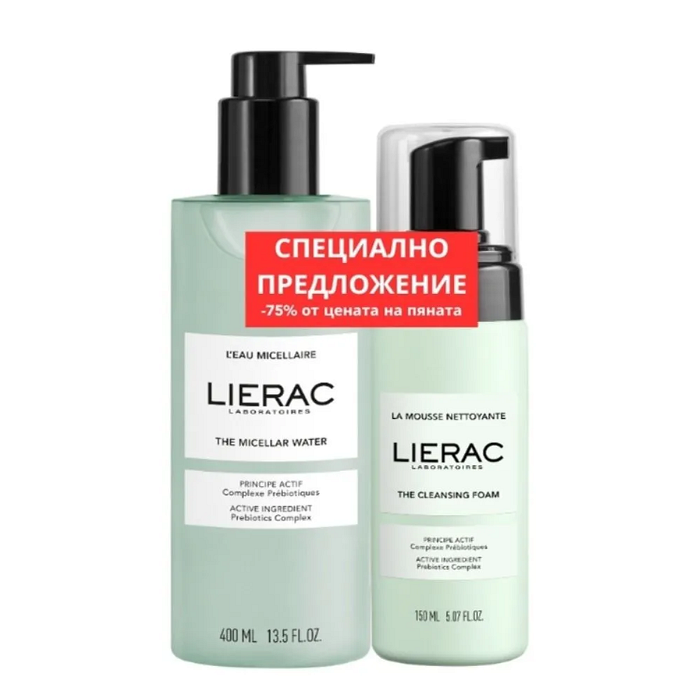 LIERAC МИЦЕЛАРНА ВОДА 400МЛ + ПОЧИСТВАЩА ПЯНА ЗА ЛИЦЕ 150МЛ ПРОМО