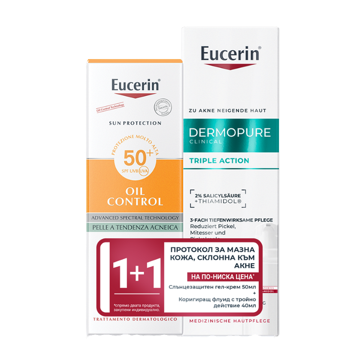 EUCERIN SUN OIL CONTROL SPF30 ГЕЛ-КРЕМ ЗА ЛИЦЕ 50МЛ + DERMOPURE CLINICAL КОРИГИРАЩ ФЛУИД 40МЛ ПРОМО